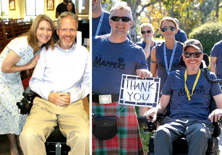 First photo: Pat Dolan with his wife Mara. Second photo: Pat Dolan with loved ones at Inland Empire Walk to Defeat ALS.